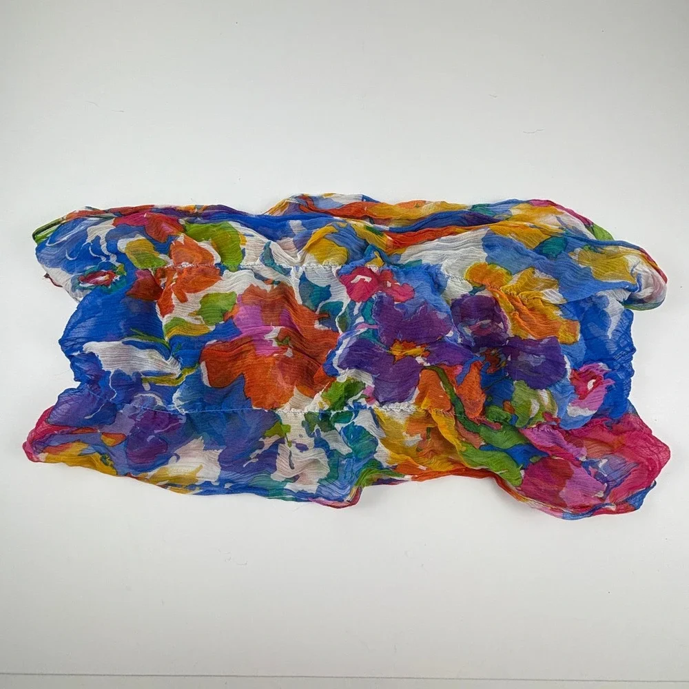 Vibrant Floral Silk Scarf Shawl‎ Wrap Blue Pink Orange Yellow Accent Dopamine